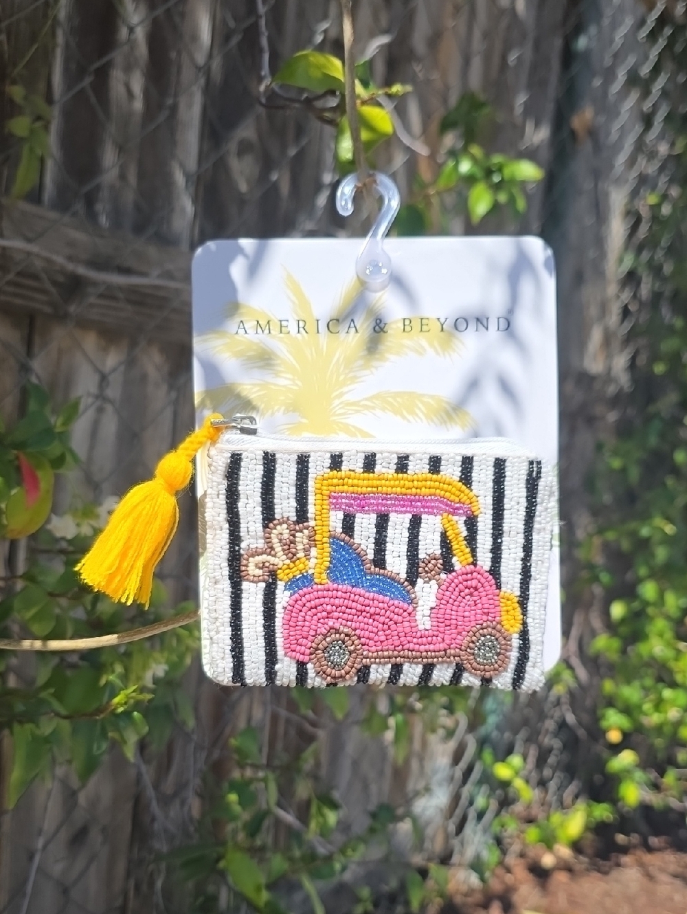 America & Beyond Beaded Pink Golf Cart Coin Purse with Yellow Tassel